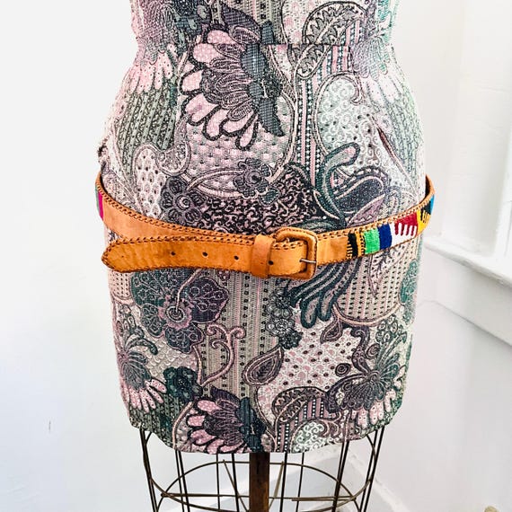 Vintage Boho Embroidered Tan Leather Belt. Hippie Style Belt. Bright Multicolor Patterns. Guatemalan. Folk Art. 70s. 80s. 90s. Hippiecore.