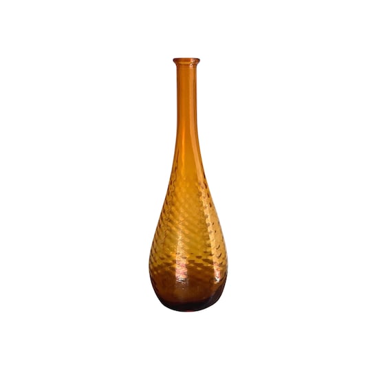 Vintage Amber Diamond Texture Bottle Vase. Textured Amber Decanter Decor. Amber Genie Bottle. Hand Blown Glass. Italian Glass. 60s. 70s.