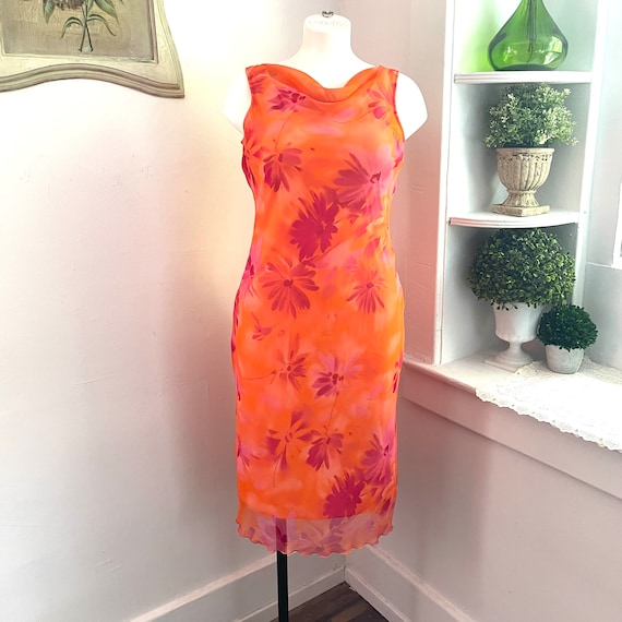 Vintage Y2K Dress. California Concepts Orange Dress. Vintage Orange Floral Y2K Dress. 2000s Floral Dress. Bias Floral Dress. M. L.