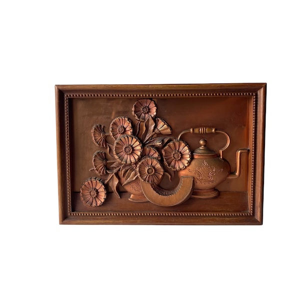 Vintage Coppercraft Guild 3D Framed Copper Wall Art. Copperplate Still Life Wall Art. Flowers. Melon. Tea Pot. Mid Century. 40s. 50s. 60s.