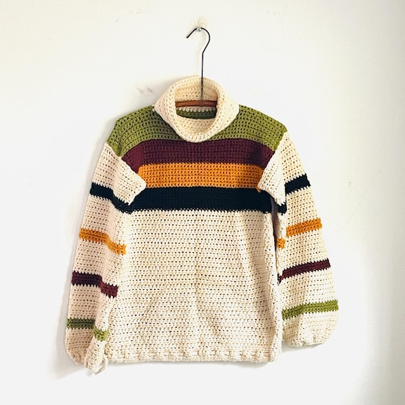 Vintage Hippie Colorblock Knit Sweater. Handmade Turtleneck Crochet Sweater. Elastic Wrists. Drawstring Waist. 60s. 70s. 80s. 1970s. 1980s.