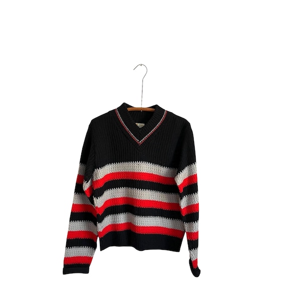 Vintage Penney's Towncraft Striped V-Neck Pullover Sweater. Casual Knitted Pullover Sweater. Black. White. Red. Fall/Autumn/Winter. 80s.