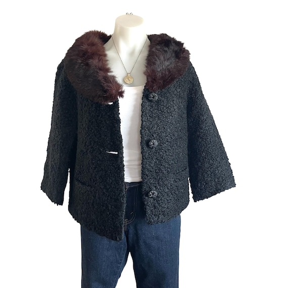 Vintage Lambswool Jacket: 1950s Black Wool, Mink Collar