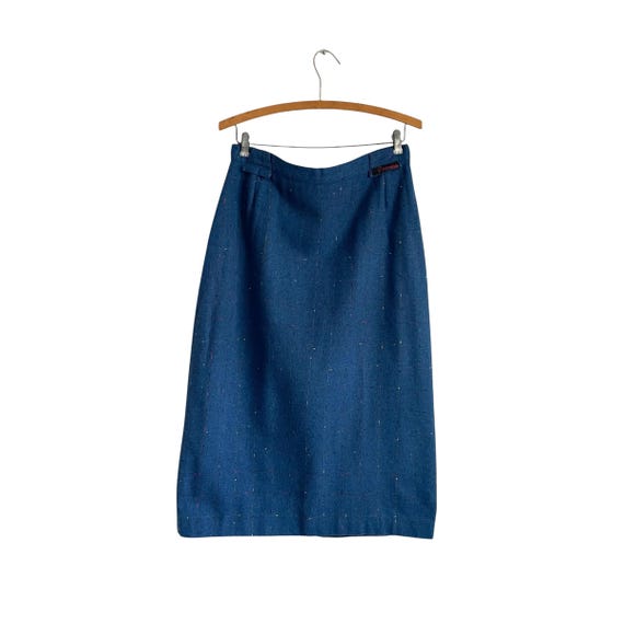Vintage Blue Boucle Plaid Midi Skirt. Blue Straight Pencil Skirt. Front Buttoned Split. Iridescent Square Sparkles. 80s. 1980s. 90s 1990s.