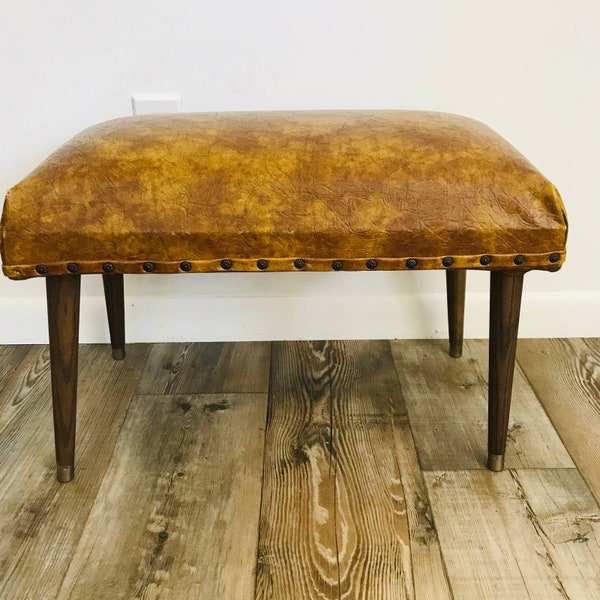 Vintage Mid Century Foot Bench. Vegan Leather Bench Ottoman. 60s 70s Ottoman Foot Stool. Tortoise Brown Faux Leather Ottoman Side Table.