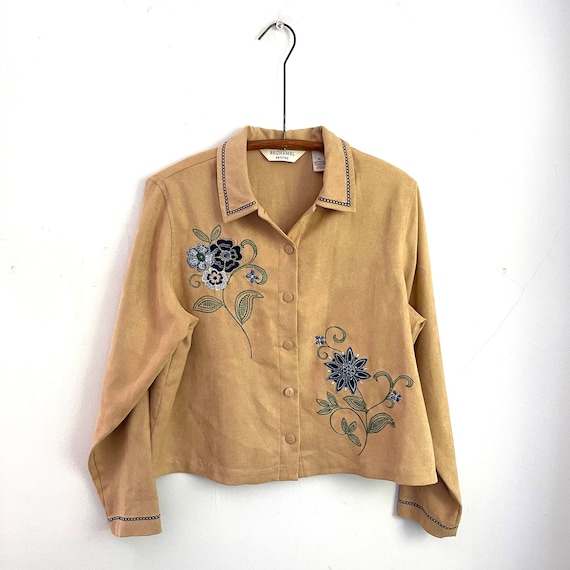 Vintage Bechamel Petite Faux Suede Button-Up Jacket. Light Brown Top. Flowers. Floral Jacket. Collared Jacket. Petite Large. 90s. 1990s.