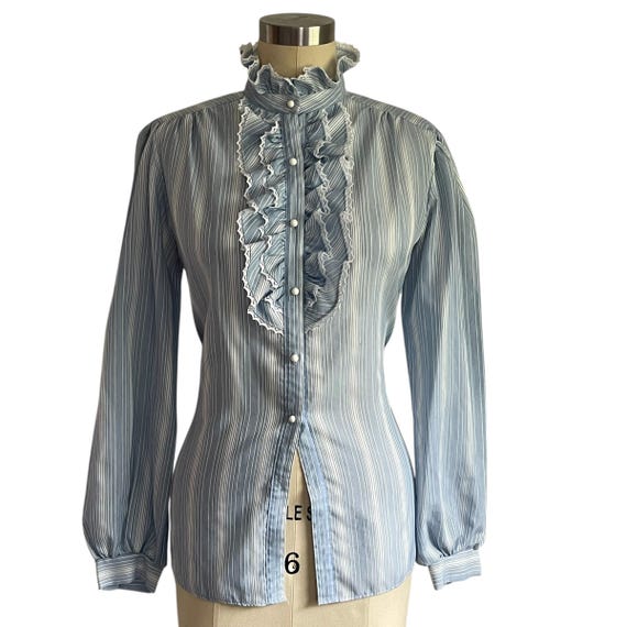 Vintage Paris Station Baby Blue and White Striped Ruffled Blouse. Two-Color Ruffle Button-Up Blouse. Cottagecore. Prairiecore. 60s. 70s. 80s