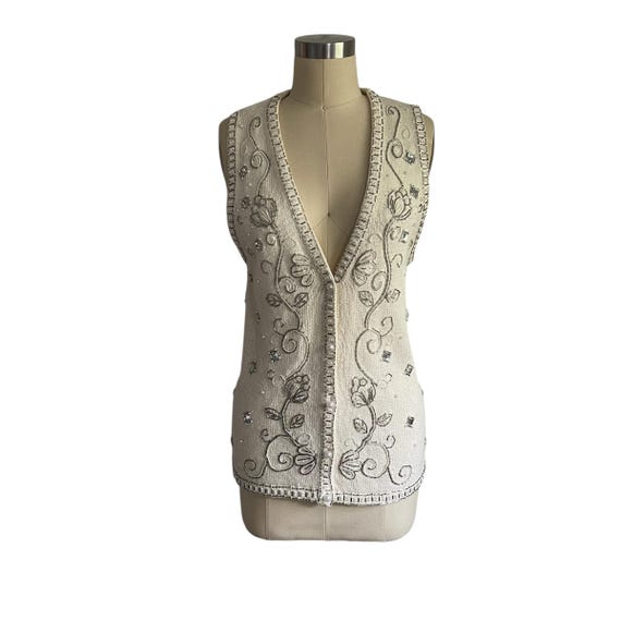Vintage Claudia D Ivory White and Silver Sequin Beaded Vest. Long Sparkly Floral Sweater Vest. V-Neck. Pearl Buttons. Boho. Hippie. 80s.