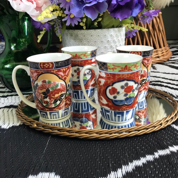 Vintage Eastern Garden Tea Cup. Ceramic Floral Coffee Mugs. Porcelain Tea Time Mugs. Cottagecore Floral Coffee Tea Mug Set. 60s 70s 80s. S|4