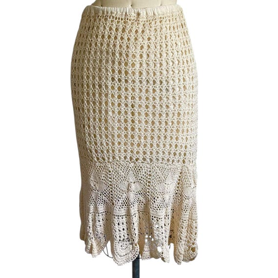Vintage Lola P. Ivory Beige Crochet Boho Skirt. Boho Hippie Knitted Ivory Skirt. Crochet Overlay. Summer. Beach. 00s 90s. Y2K.