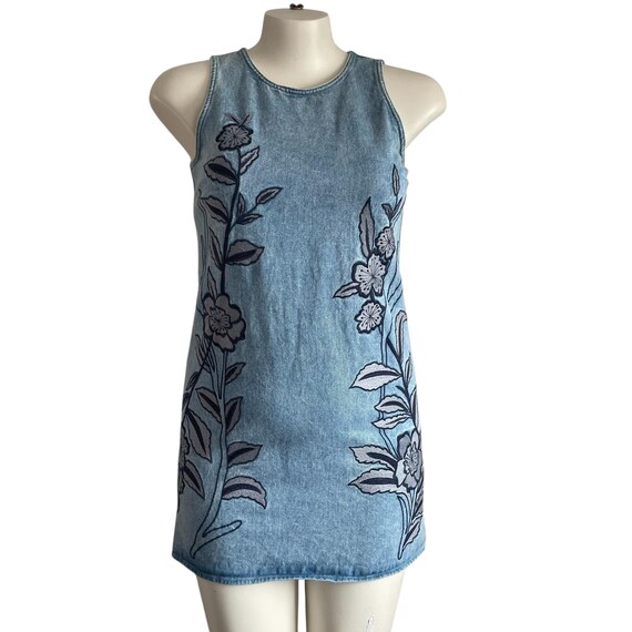 Ann Taylor Loft Blue Denim Floral Mini Dress. Sleeveless Blue Jean Embroidered Mini Dress. Embroidered Silver Flowers. Y2K. 2000s. 00s.