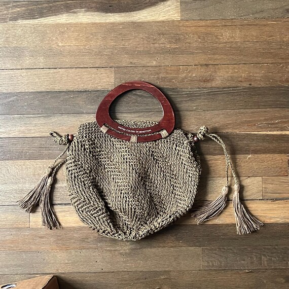 Vintage United Colors of Benetton Bermuda Top Handle Bag. Boho Hippie Purse Bag. Polished Wood Handle. Cottagecore Purse Bag. 70s. 80s. 90s.