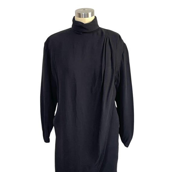 Vintage Ungaro Black Silk Dress. Designer Black Turtleneck Faux Wrap Dress. Billowy Long Sleeves. Preppy Mod Cocktail Party Dress. 80s 90s.