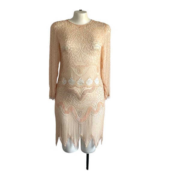 Vintage Peach Silk Deco Flapper Dress. Sheer Beaded Sequin Flapper Dress. Roaring 20s Great Gatsby Retro Dress. Plus Party Dress. 80s. 90s.