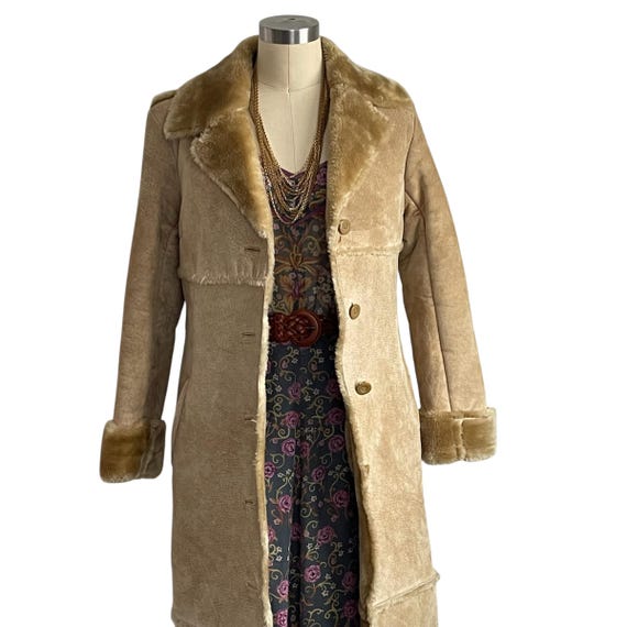 Vintage 70s Suede Maxi Coat: Faux Fur Collar, XS/S