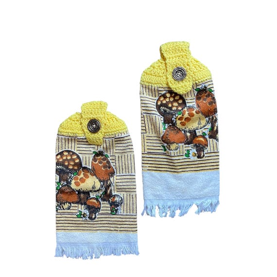 Vintage Kitchen Mushroom Dish Hand Towel: 70s 80s, Crochet w/Metal Button, Deadstock New.