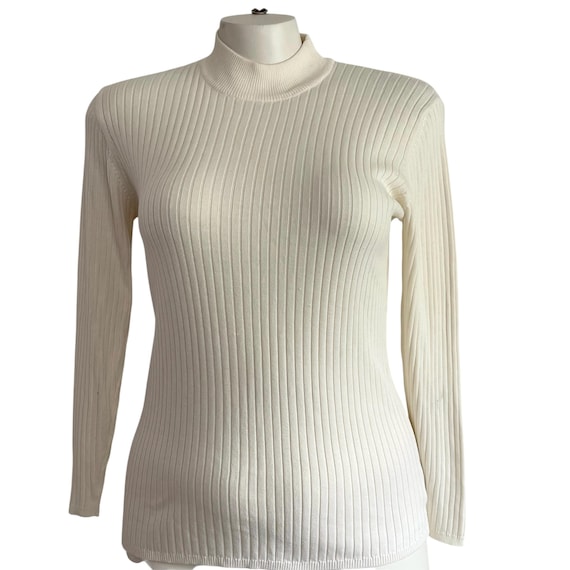 Vintage Ivory Ribbed Sweater Top: 90s Mock Neck Blouse