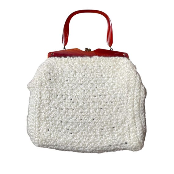 Vintage Crochet Knit Bakelite Purse. 60s Mod Sweater Knit Bag. Bakelite Brown Handle. Mod Cottagecore Bag. 50s 60s 70s Bakelite Knit Purse.