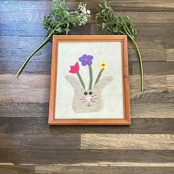 Vintage Bunny Rabbit Felt Art. Vintage Felt Art. Vintage Wall Decor. 60s 70s Boho. Bohemian Wall Art. Forestcore. Cottagecore. Fairycore.