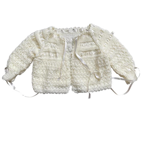Vintage Handmade Ivory Knitted Ribbon Baby Jacket. Hand-knit Ribbon Toddler Sweater. Front Ribbon Tie. Unbranded. MCM. 60s. 70s. 80s.