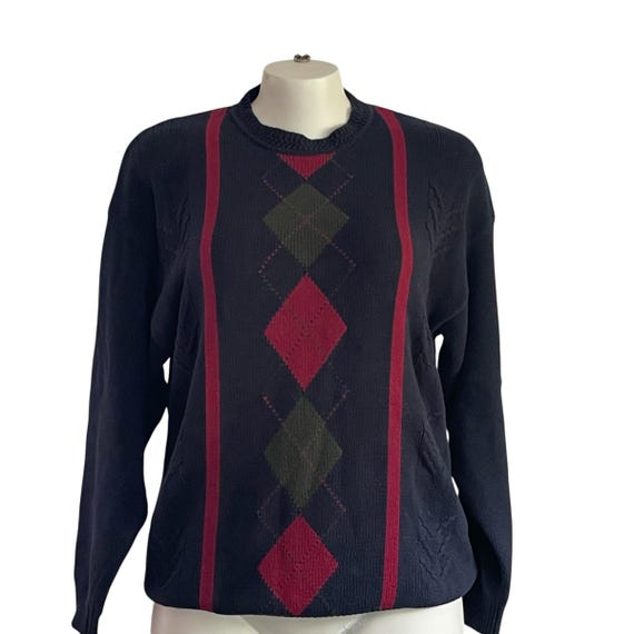 Vintage Harlequin Knit Pullover Sweater: Navy Blue, Dark Academia