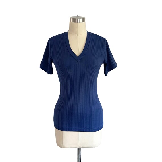 Vintage Royal Blue Ribbed V-Neck Sweater Top: Short Sleeve Stretch