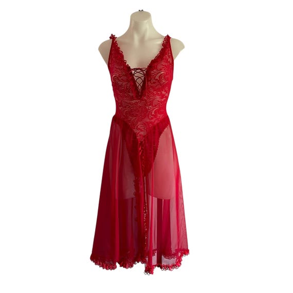Vintage Shirley of Hollywood Red Sheer Intimate Slip Dress. Siren Red Mesh Lace Slip. 1-Piece Teddy Slip Dress. Mesh Split Skirt. 70s 80s.