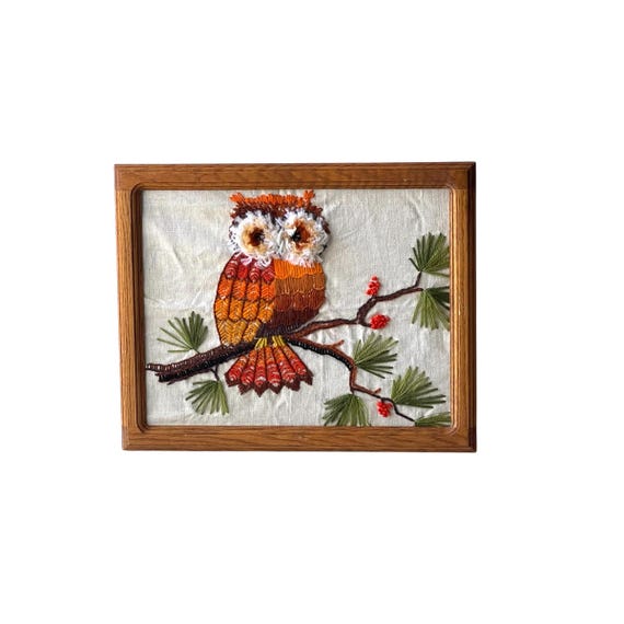 Vintage Multicolor Crochet Cross-Stitch Owl Wall Art. Colorful Bird Autumn Art. Fluffy. Warm Colors. Handmade. Cottagecore. 70s. 80s. 90s.