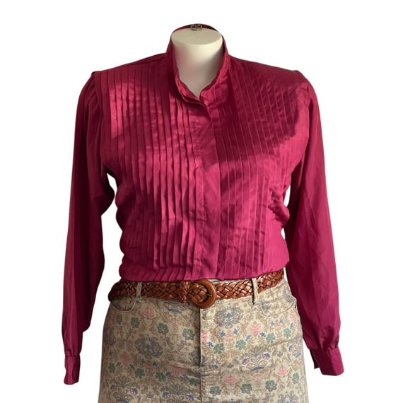 Vintage Wine Red Pleated Blouse. Burgundy Red Ribbed Button-Up Blouse. Business Casual Glam Dress Blouse. Womens Casual Plus Blouse Top.