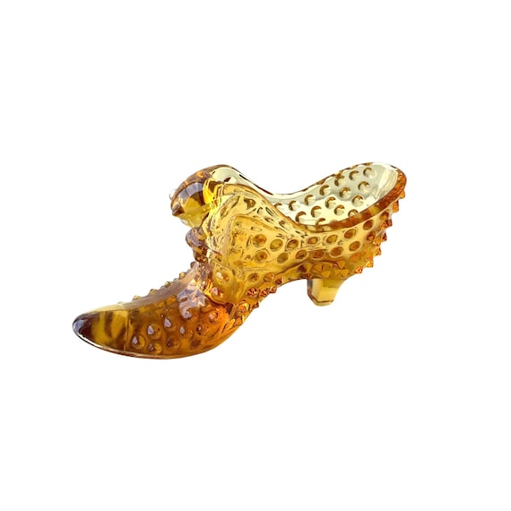 Vintage Fenton Glass Hobnail Shoe. Amber Kitten Cat Glass Shoe. Indiana Amber Glass Shoe. Vintage Hobnail Amber Glass Shoe. 60s 70s Decor.