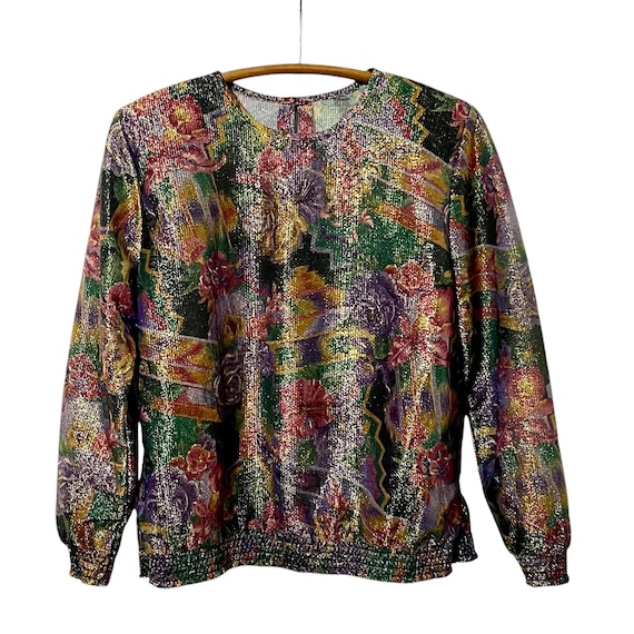Vintage Shiny Multicolor Floral Blouse Top. Boho Hippie Mod Floral Lurex Blouse. Padded Shoulders. Ruched Hem. 60s 70s Floral Disco Blouse.