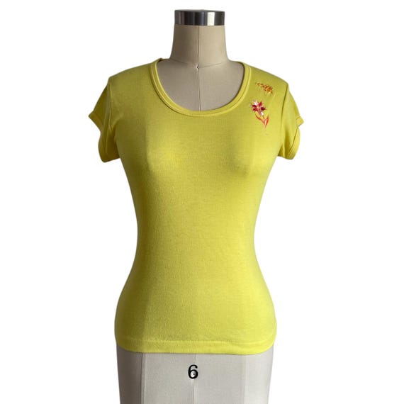 Vintage High Tide Yellow Flower T-Shirt. Lemon Yellow Flower Short-Sleeved Shirt. Fitted. Red Flower. Red Butterfly. Boho Hippie Summer Top.