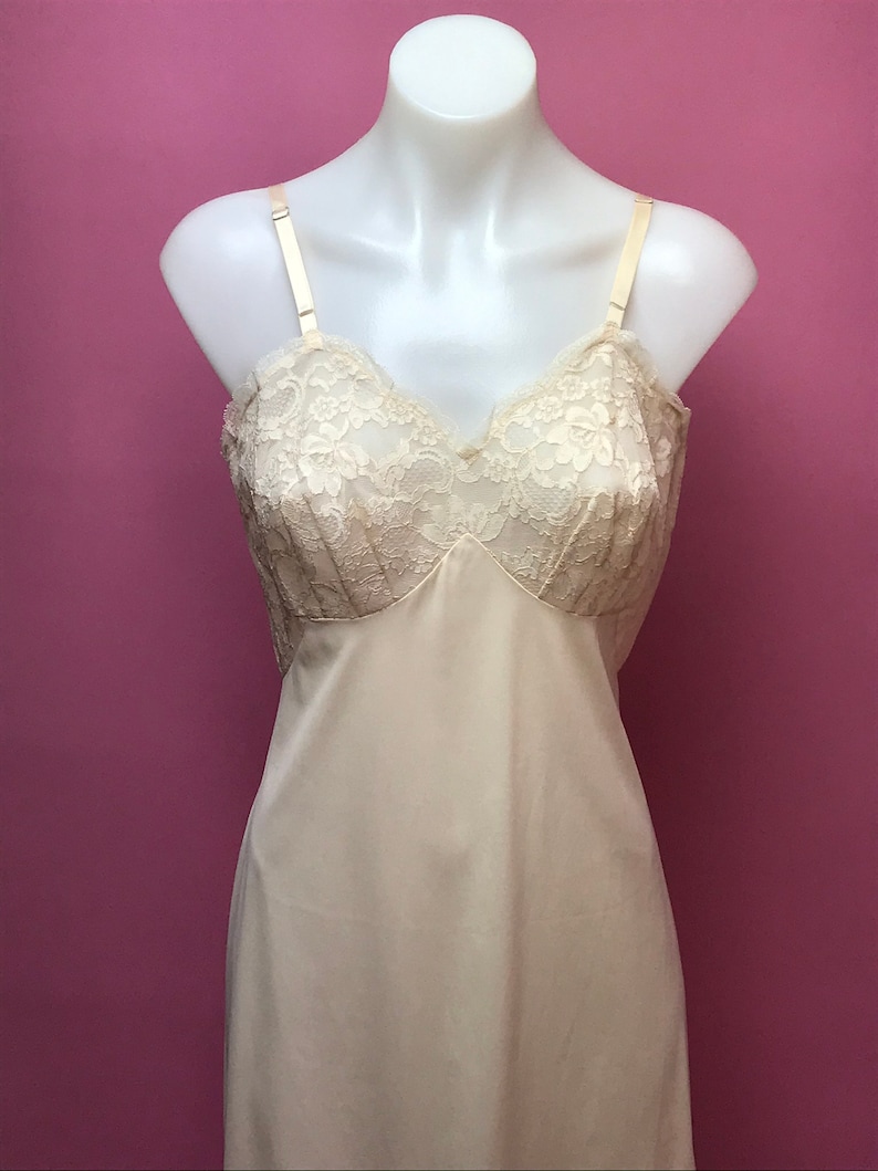 60s peach hue lace nylon lingerie slip dress