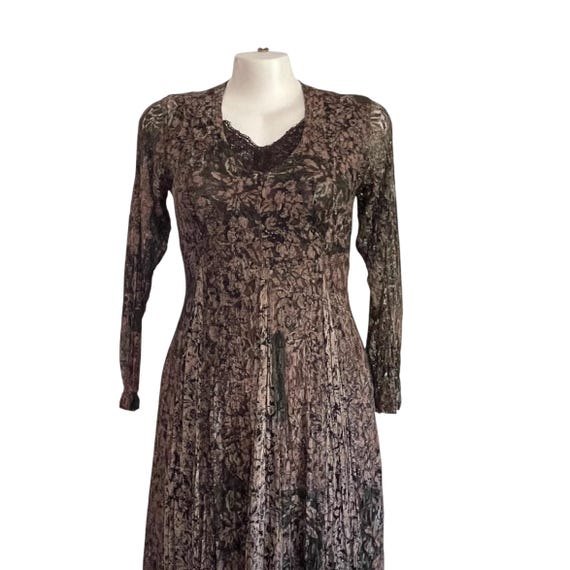 Vintage Chocolate Brown Lace Midi Dress: 90s 00s Y2K Lace, Sheer Sleeves, Womens Casual Dress, Nostalgia Midi Maxi Dress, Cottagecore Dress.
