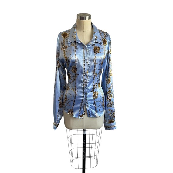 Vintage Rue 21 Blue and Gold Silk Button-Up Blouse. Multicolor Chain and Flower Silky Button-Up Top. Chain and Flower Print. Y2K. 90s. 00s.