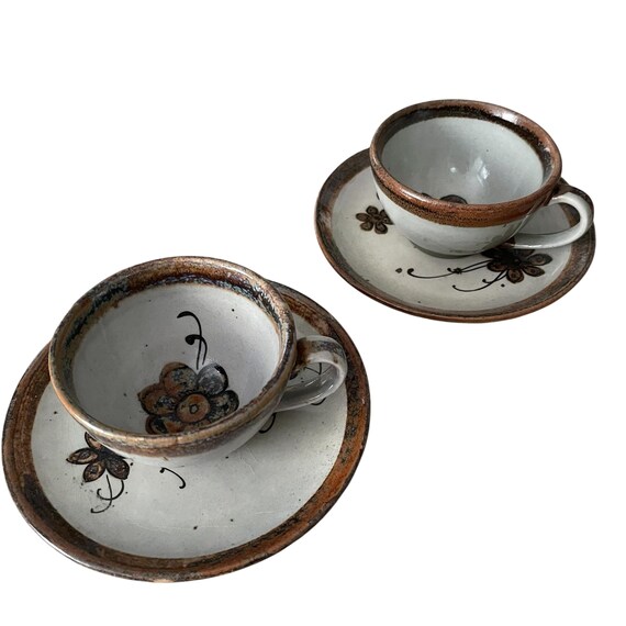 Vintage Japanese Stoneware Coffee Mug Set: 60s Floral Art Pottery