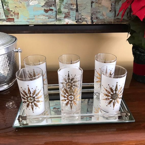 Vintage Helen Conroy Gold Snowflake Highball Glasses, MCM Barware Set - S|6