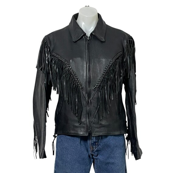 Vintage Black Leather Fringe Biker Jacket, Western Stitch Detail