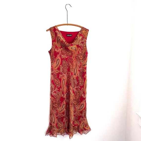 Vintage Meghan Matthers Red Boho Dress. Paisley Print. Red Orange Paisley Dress. Burgundy. V-Neck Dress. Whimsigoth Midi Dress. 90s Y2K 00s.