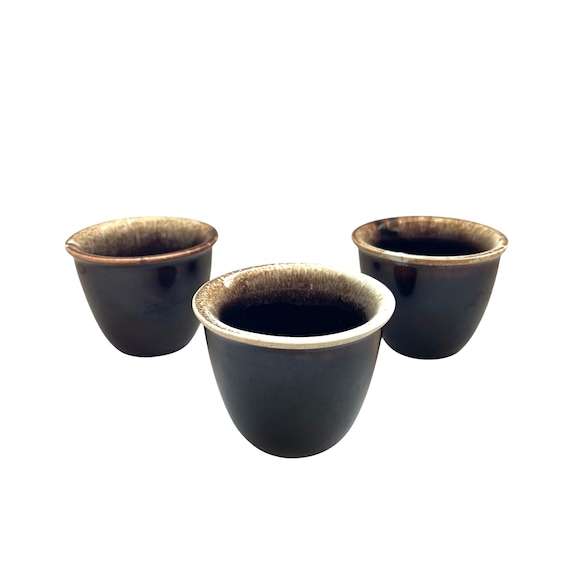 Vintage Brown Stoneware Drip Glazed Custard Cup Set. Brown and Cream Drip Glaze Ceramic Pottery Cup Set. Ovenware Cups. S|3. 70s. 1970s.