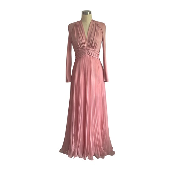 Vintage Miss Elliette Pink V-Neck Maxi Dress. Chiffon Pleated Overlay Maxi Skirt. Long Sleeves. Pleated Dress. Mid Century. 50s. 60s. 70s.
