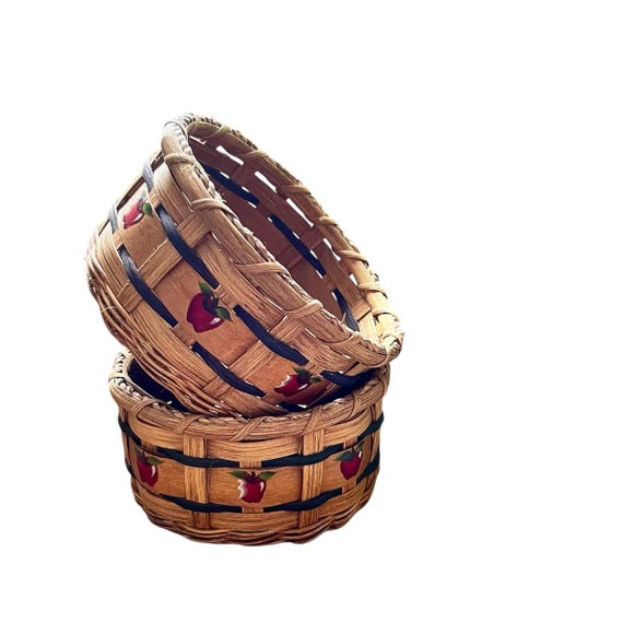 Vintage Apple Hand Painted Baskets. Apple Baskets. Cottage Basketcore. Vintage Small Basket. Apple Wicker Basket. Woven Apple Basket.