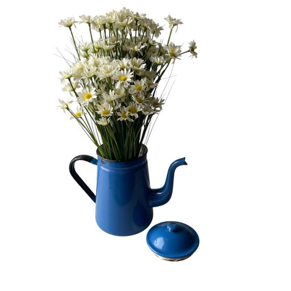 Vintage Blue Enamel Decorative Coffee Pot. Gooseneck Spout Coffee Pot. Enamelware. Cottagecore Cabin Flower Pitcher Vase. 40s. 50s. 60s.