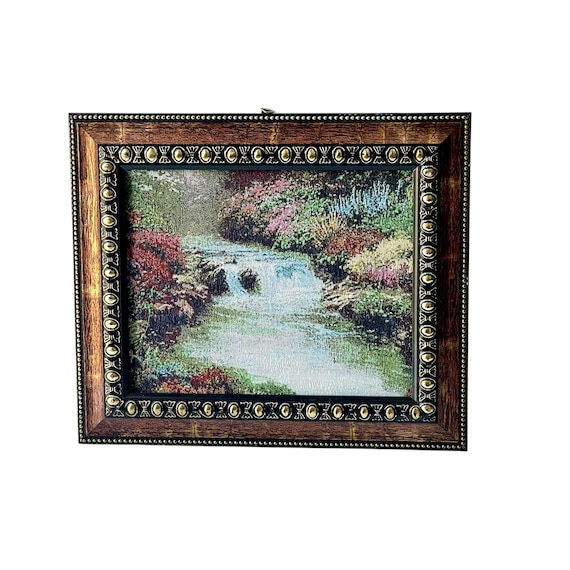 Vintage Beautiful Needlepoint River Wall Art. Framed Nature Knitwork Art. Multicolor. Faux Wood and Brass Frame. Cottagecore. 60s. 70s. 80s.