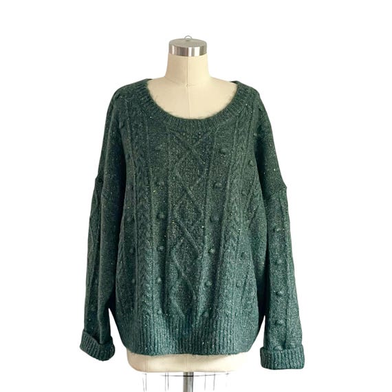 Vintage Green Cable-Knit Pullover Sweater: 3D Pattern, Poly Blend