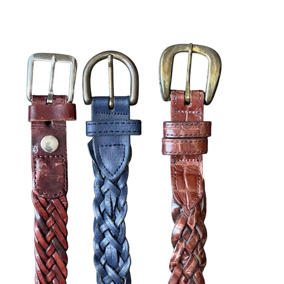 Vintage Thin Leather Braided Belts. Sold Separately. Dark Brown Square Braided Belt. Shiny Blue Braided Belt. Brown Chunky Woven Belt. 80s.