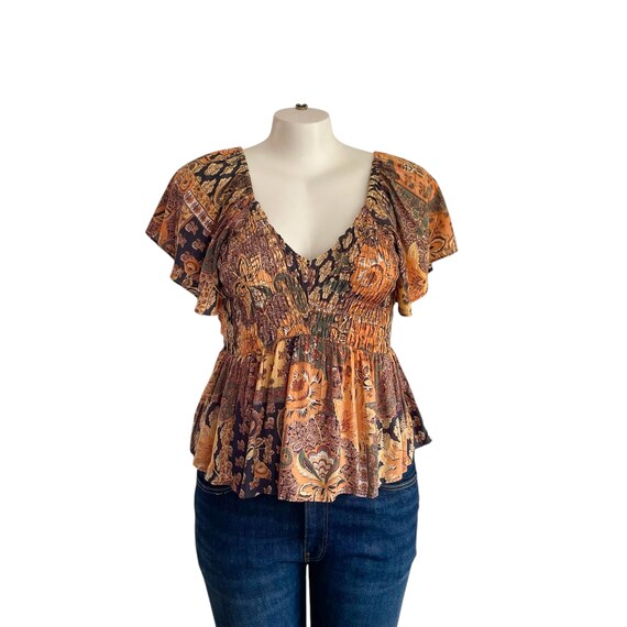 Vintage Floral Blouse: Smocked Bust, Flutter Sleeves, Cottagecore Top