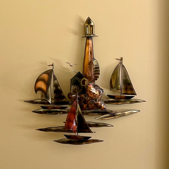 Vintage Metallic Sailboats Wall Art. Brass. Copper. Metal. Maritime Decor. Mid Century Wall Decor. Sailboats Sculpture. MCM Lighthouse Art.