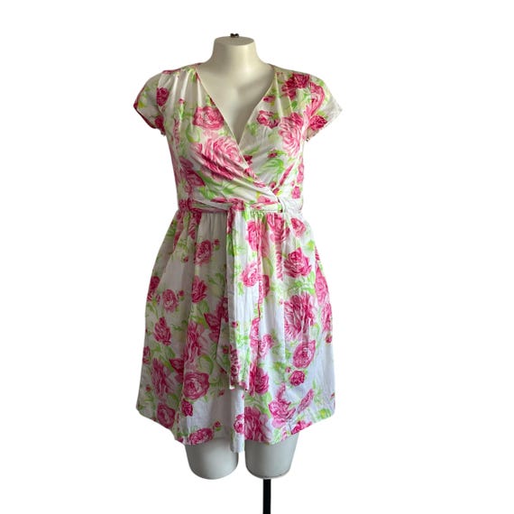 Vintage Isaac Mizrahi Floral Midi Dress. Babydoll Plus-Size V-Neck Spring Flower Dress. Waist Tie. Wrap Bust Garden Party Dress. Y2K. 2000s.