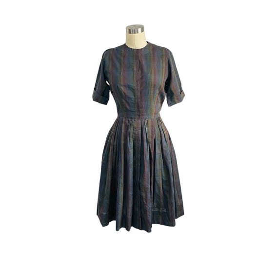 Vintage 50 60s Striped Frock Day Dress. Mod 60s Pleated Skirt Dress. Stranger Things Dress. Mid Century Cotton Striped Dress. Metal Zip.